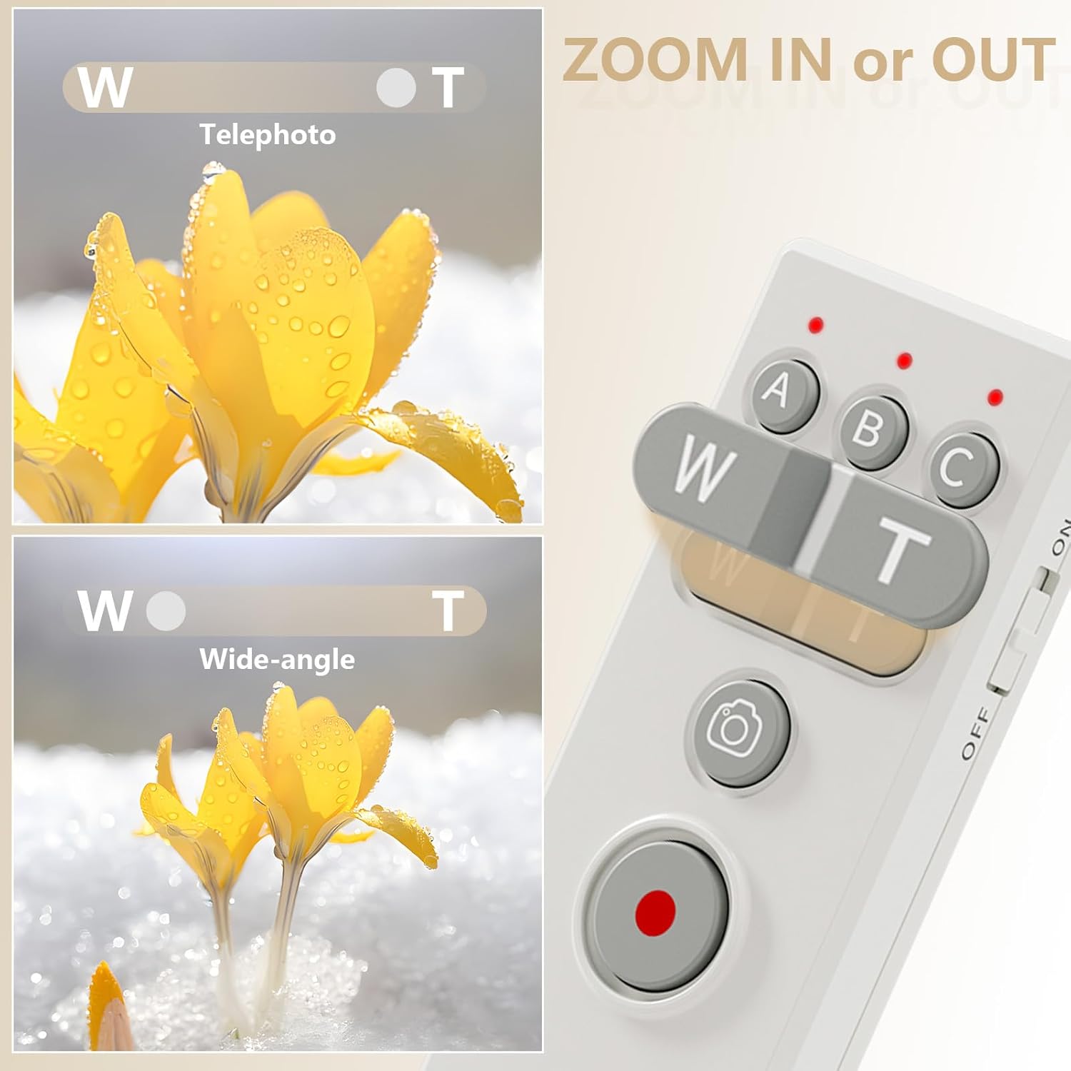 Remote control zoom buttons with wide-angle and telephoto examples