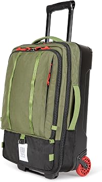 Topo Designs Global Travel Roller Bag Suitcase, Carry-On Friendly, 3 Carry Options, Smooth Heavy Duty Wheels, Telescoping Handle, Designed in Denver CO USA, PFAS Free Olive/Olive