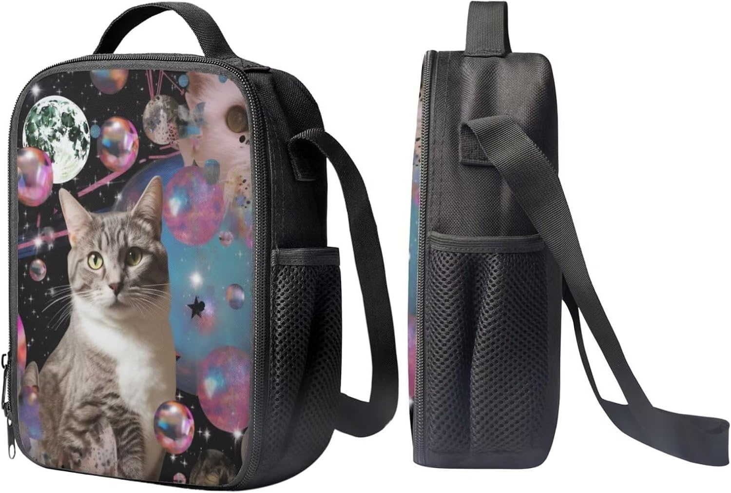 Modysero Funny Custom Backpack Set for Teens Durable Lightweight Large Capacity School Backpack with Pencil Case Lunch Box for Students Galaxy Cat Print Girls 17 Inch Book Bag