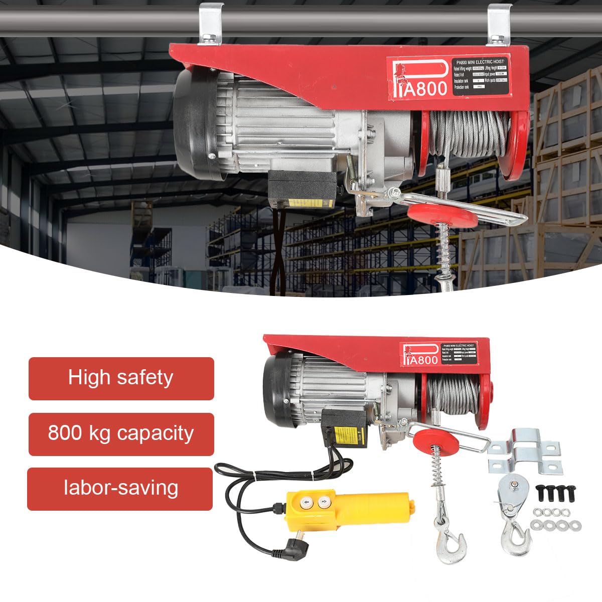 1300W Elektrische Seilwinde, 400kg bis 800kg 6m/12m Hubhöhe, 220V | mit Fernbedienung, Seilzug Motorwinde, 4m/min, Seilhebezug Kettenzug Motorwinde Flaschenzug