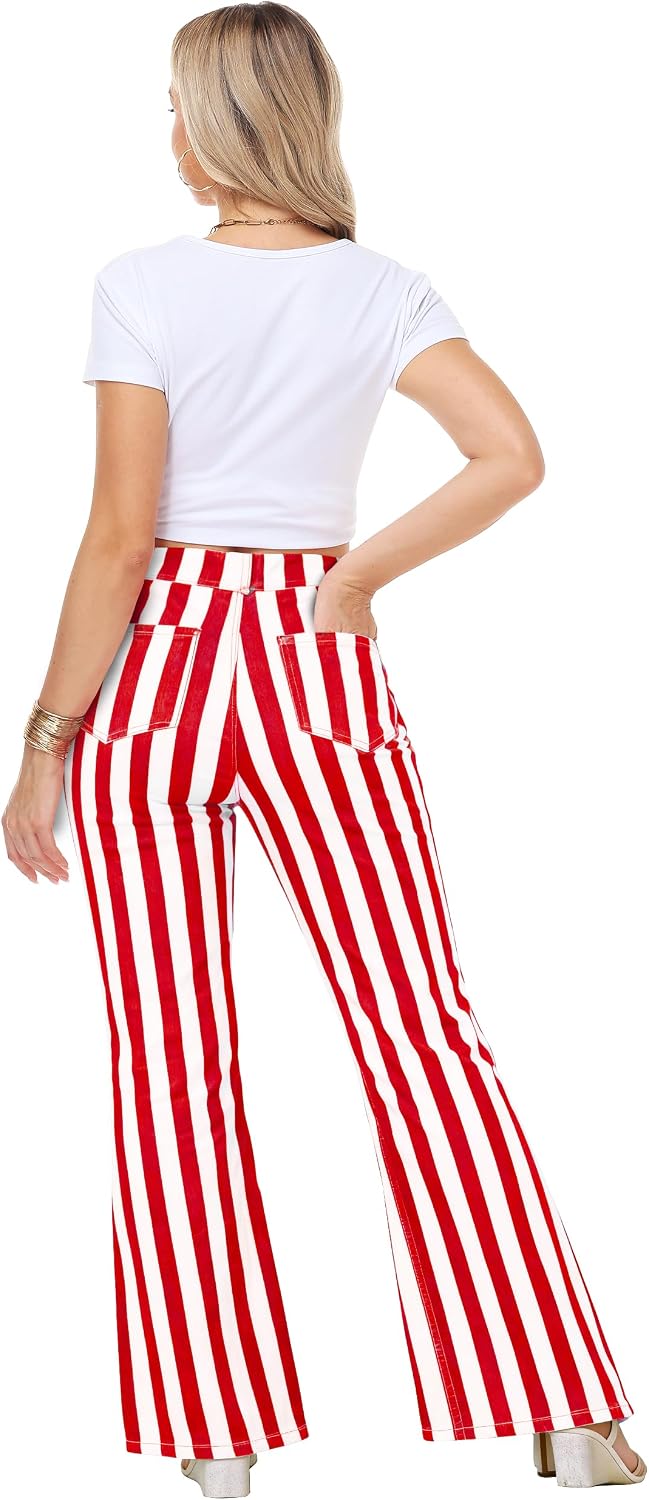 Womens High Waisted Stripes Bell Bottom Jeans Stretch Striped Flare Denim Pant