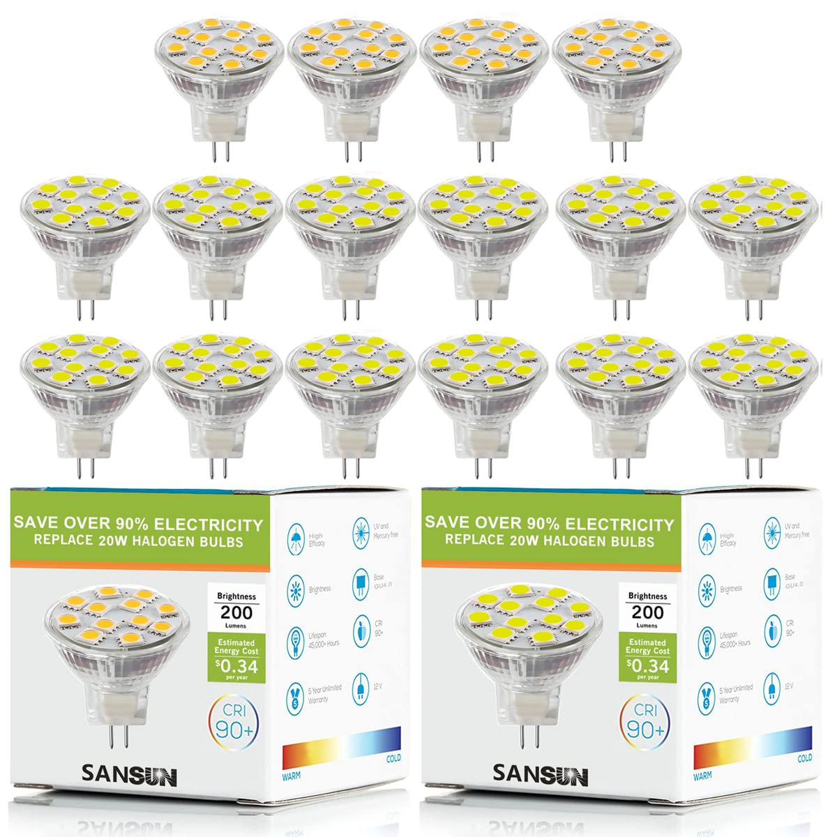 SANSUNLED MR11 Light Bulbs, 12v 20w Halogen Replacement, GU4 Bi-Pin Base, 4pcs 3000K and 12pcs 4000K, Non-Dimmable