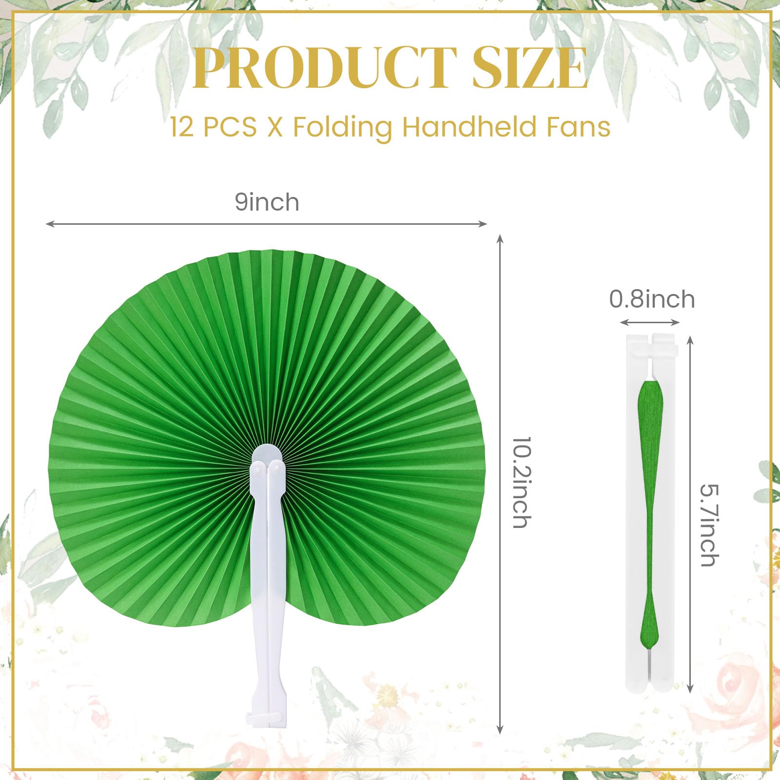 JOHOUSE Decorative Round Hand Fan Foldable, 12 Packs Green Folding Fans Handheld Chinese and Japanese Style Crafts for Wedding, Dancing, Party Favors DIY Decoration
