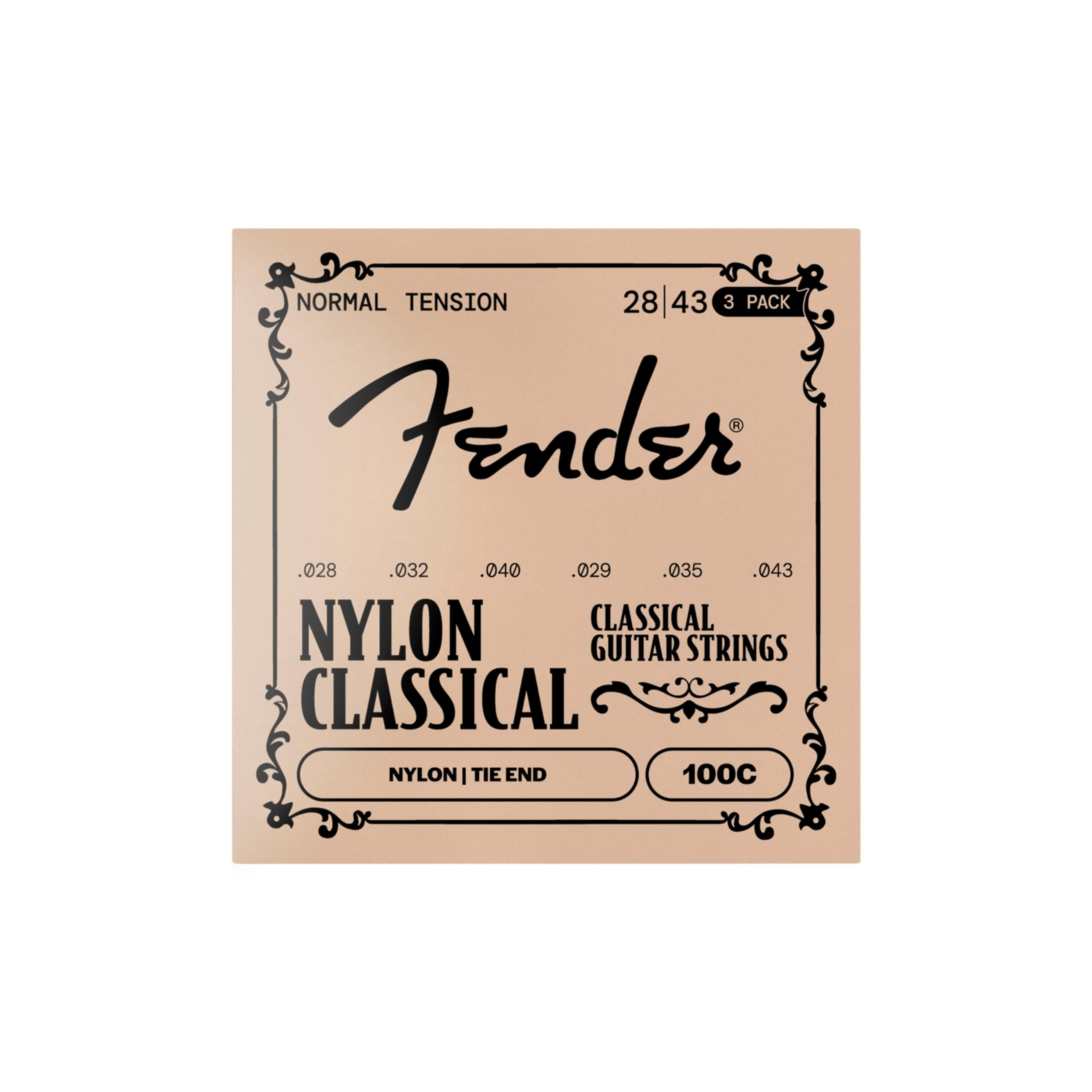 Fender Nylon Acoustic Strings, 100 Clear/Silver, Tie End, Gauges .028-.043, 3-Pack