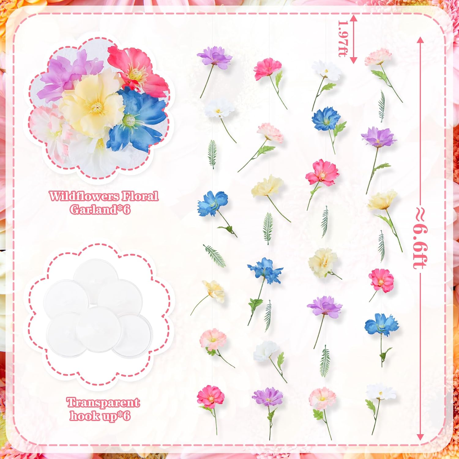 K KUMEED 6 PCS Wildflowers Artificial Flowers Decorations,Hanging Flowers Garland with Hooks Spring Wild Flowers for Wedding Party Background Birthday Baby Shower Home Birthday Decorations