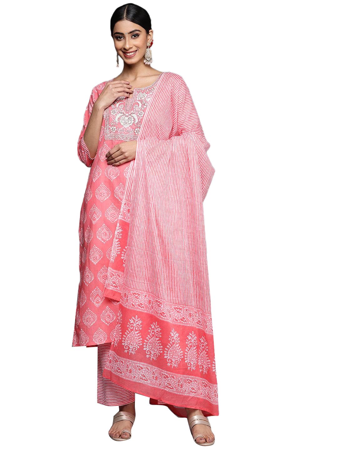Women Yoke Design Cotton Straight Kurta Trouser With Dupatta Set-image-0