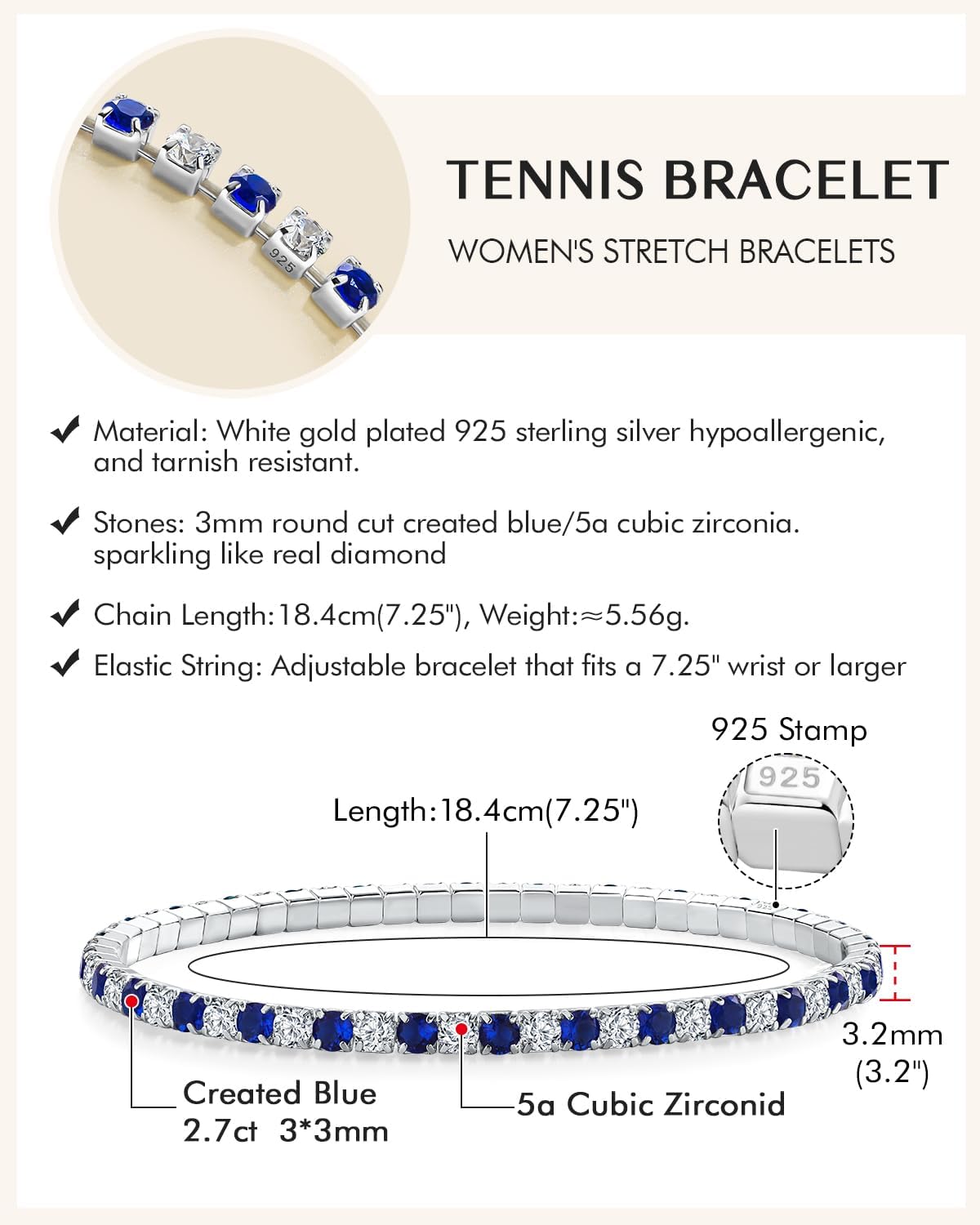 DAYBYDAY 3mm Stretch Tennis Bracelets for Women, 925 Sterling Silve Birthstone Bracelet, Dainty Adjustable Stackable Gemstone Cubic Zirconia Bracelet, Length 7.25-8 Inch