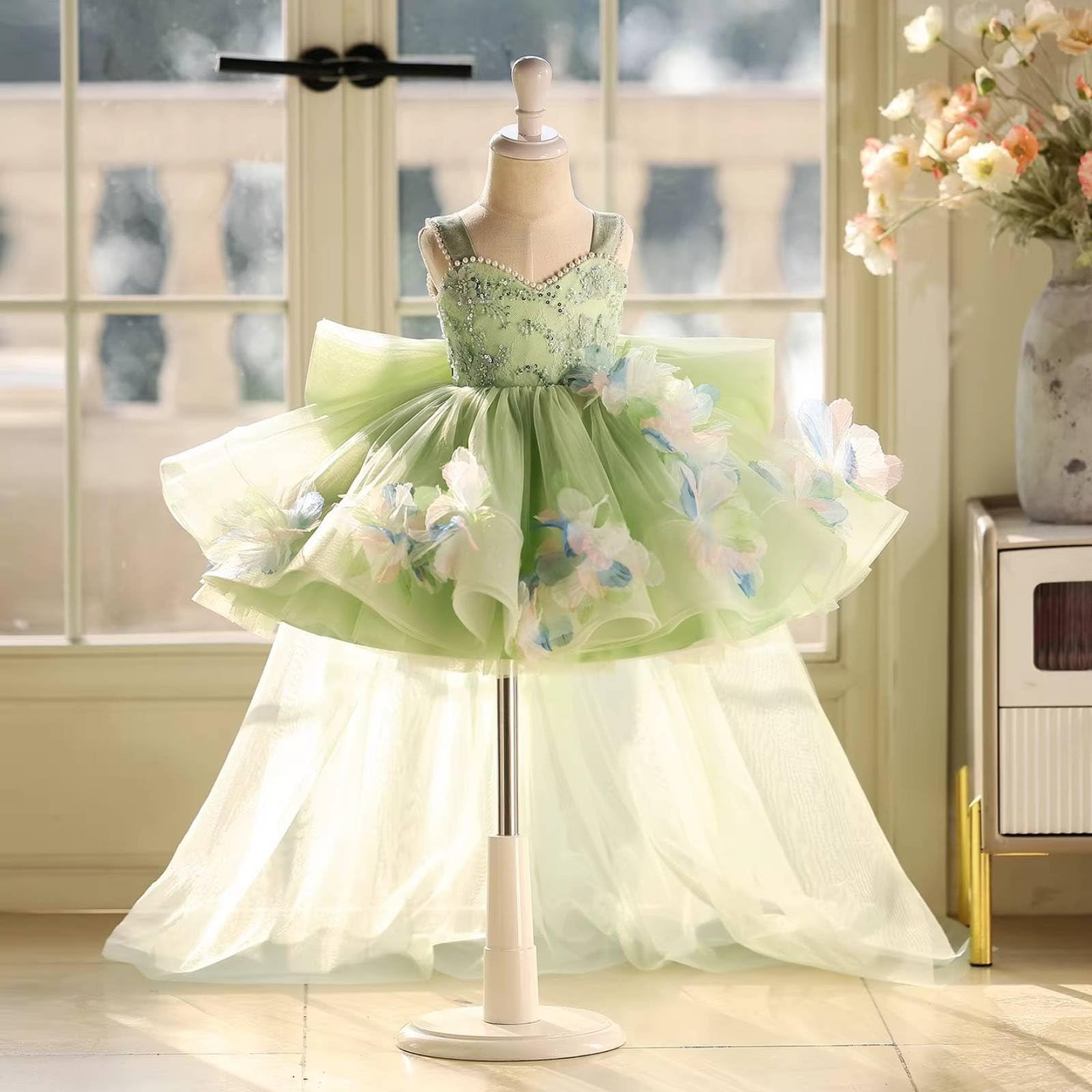 F Fityle Vestido de Fiesta para Niña Vestido Traje Gala con Gran Lazo Posterior Aplicaciones Florales y de Tul Ligero Adecuado para Bodas Comuniones Desfiles Sesiones de Fotos