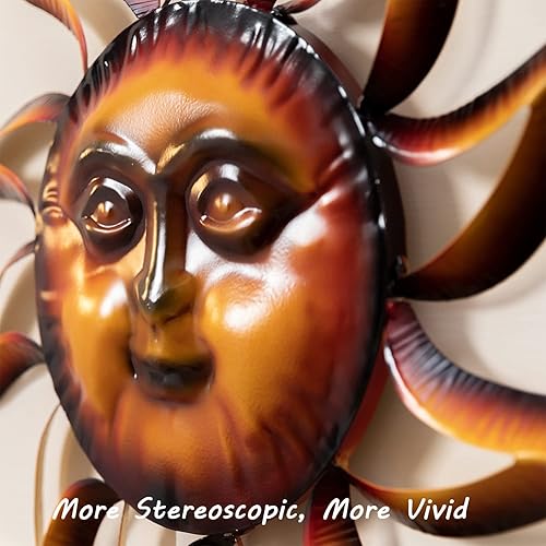 Miniatura 4 de TICKCACY Decoración de pared de sol de metal, arte de pared de sol de 27.5 pulgadas para colgar en interiores y exteriores, arte de cara de sol,