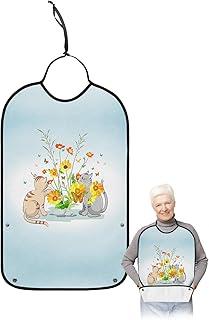 Kewadony Adult Bibs for Elderly Women - Cat Flowers Waterproof Dining Clothing Protectors with Crumb Catcher for Eating/Feeding, Daisy Butterfly Botanical Blue Ombre Terry Cloth Bib Machine Washable
