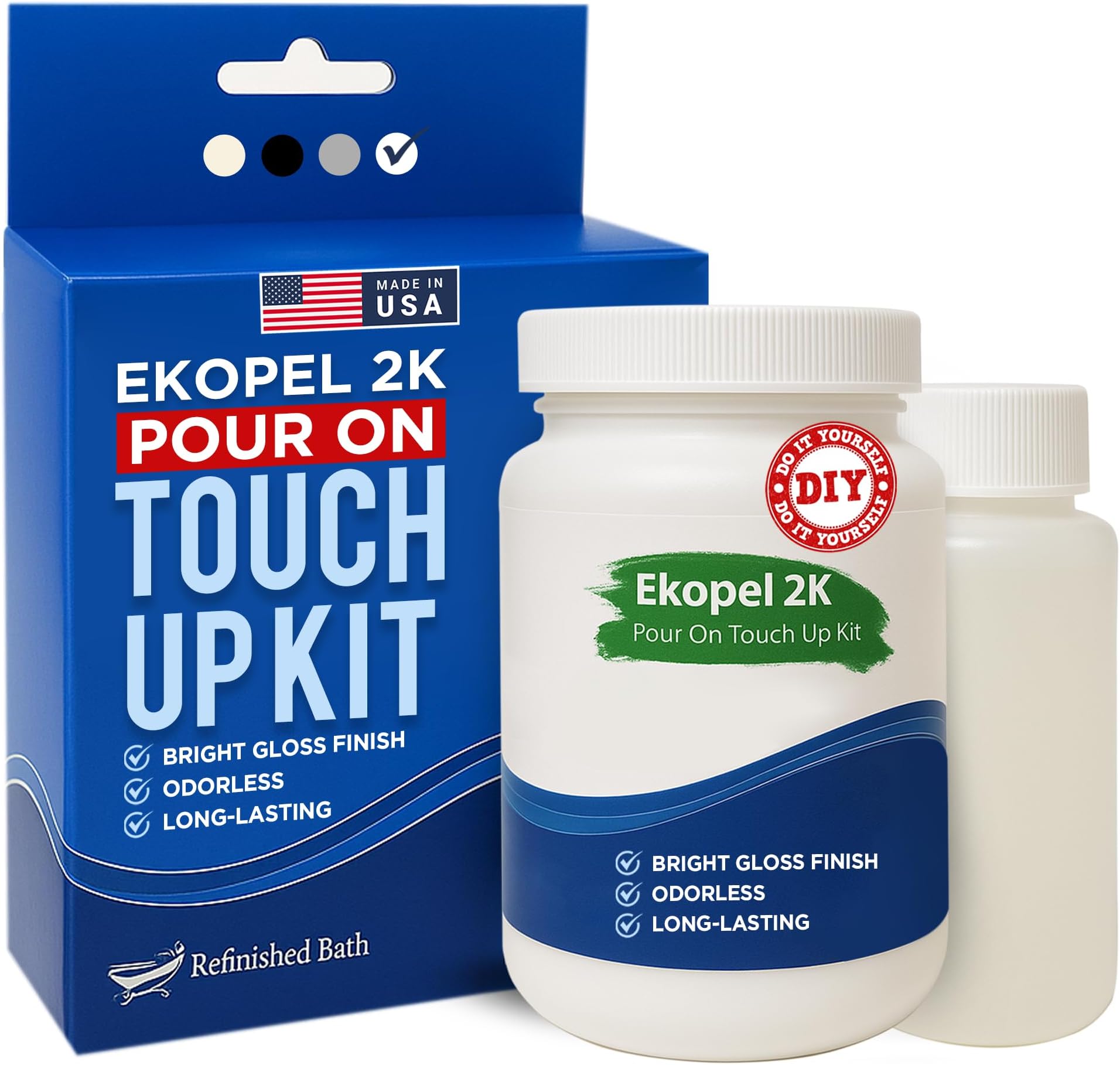 Ekopel Bathtub Refinishing Kit - Made in The USA - Odorless Tub and Tile Reglazing - Most Durable Never Peel Tub Paint Coating - Pour On Touch Up Size
