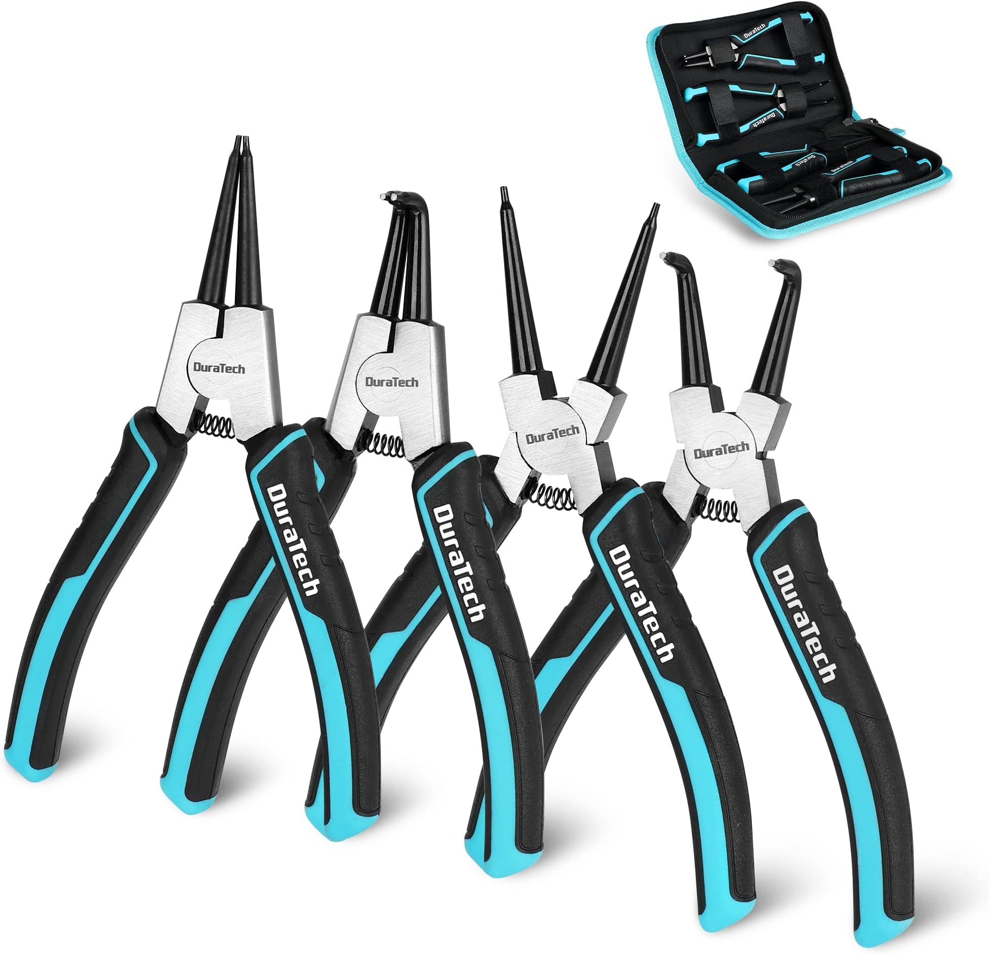DuraTech 4 PCS Snap Ring Pliers Set, 7 Inch Heavy Duty Internal & External Circlip Pliers Kit with Straight/Bent Jaw, Premium CRV Steel, Precision Spring Loaded C Clip Pliers with Storage Pouch