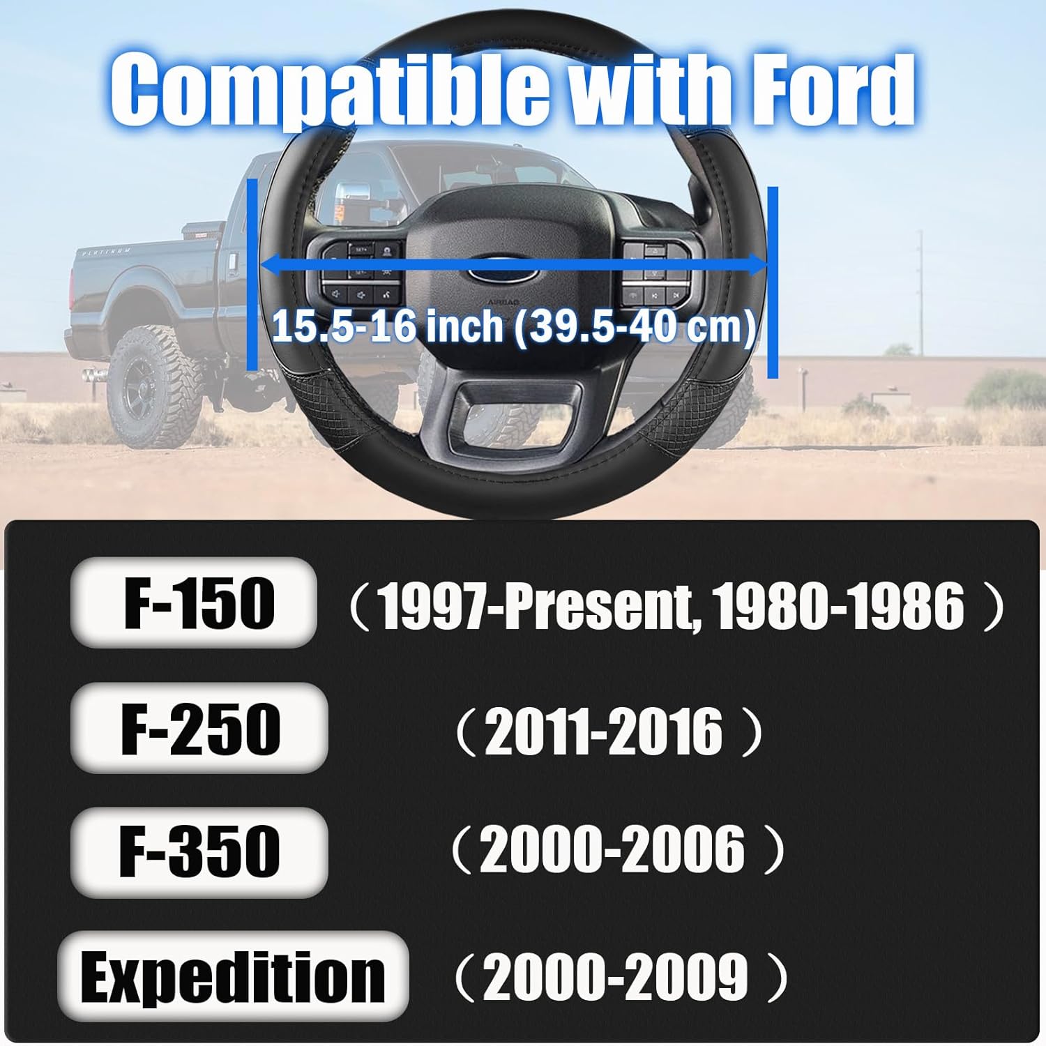 Steering Wheel Cover for Ford F-150, F-250, F-350, Expedition - Custom Fit 15.5-16 Inch Auto Car Accessory, Anti-Slip Grip & Durable Protection (15.5-16 inches - Black)