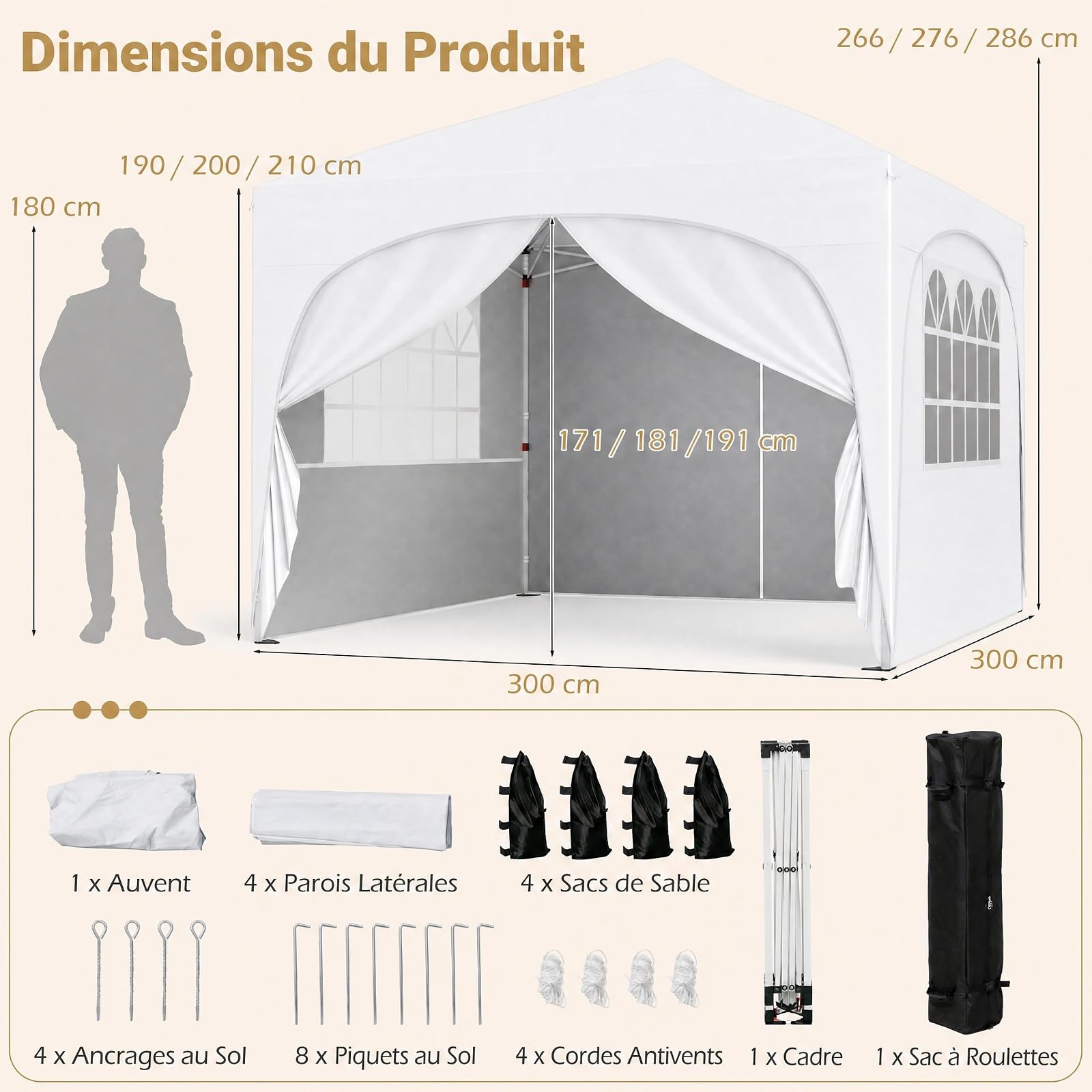 RELAX4LIFE Tonnelle Pliante 3x3 Imperméable avec Parois, Barnum Pliant 3x3 Facile à Monter, UV50+, Cadre Métallique, Sac de Sable, Sac à roulettes, Tente de Réception pour Camping Marché (Blanc)