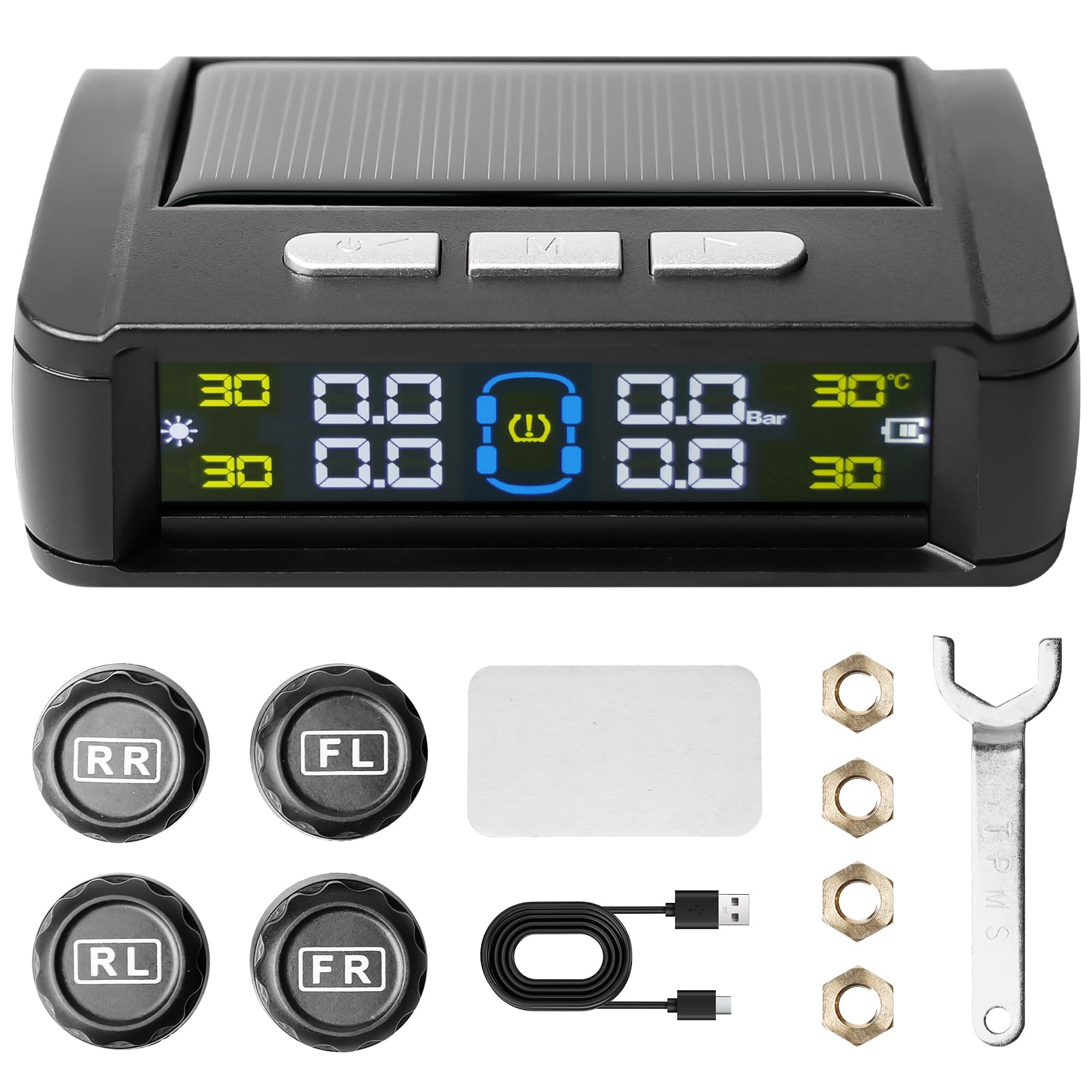 Aicharynic TPMS Reifendruckkontrollsystem, Solar Kabelloser Reifendrucksensor mit 4 Externen Sensoren IPX7, 3,5" Solar Display & USB-C Ladung für LKW/Anhänger, Druckbereich 0-5 bar