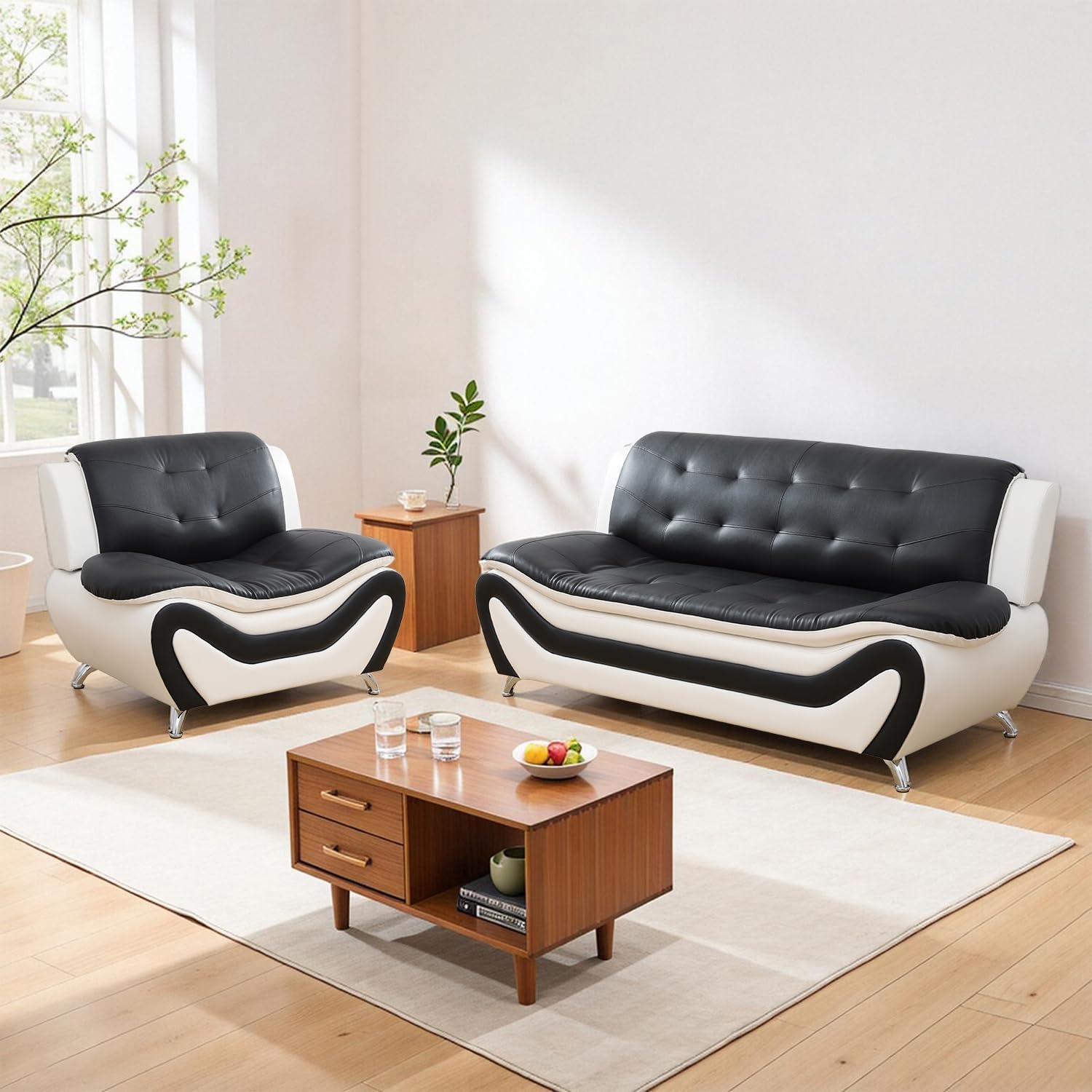Living Room Furniture Sets 3 Piece, Faux Leather Sofa Set, White and Black Couch Set for Home, Apartment, Office(Sofa and Chair)