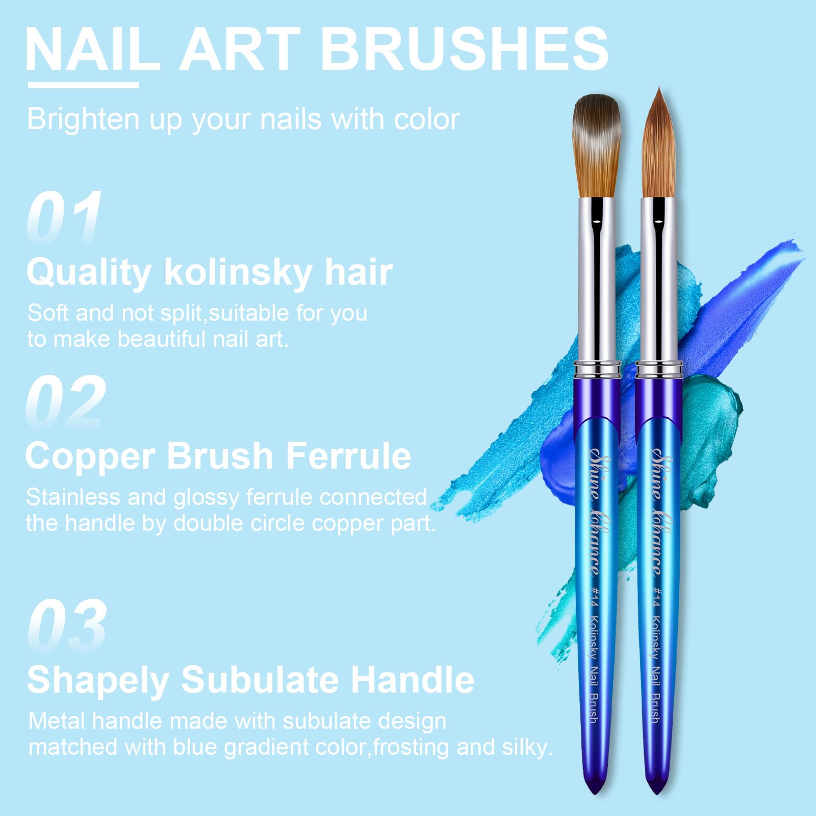 Kolinsky - Cepillo de uñas acrílicas, tamaño 14, 100% puro, cepillo para uñas 3D con mango azul degradado, diseño artístico en polvo, pincel para extensión y tallado de uñas, herramientas