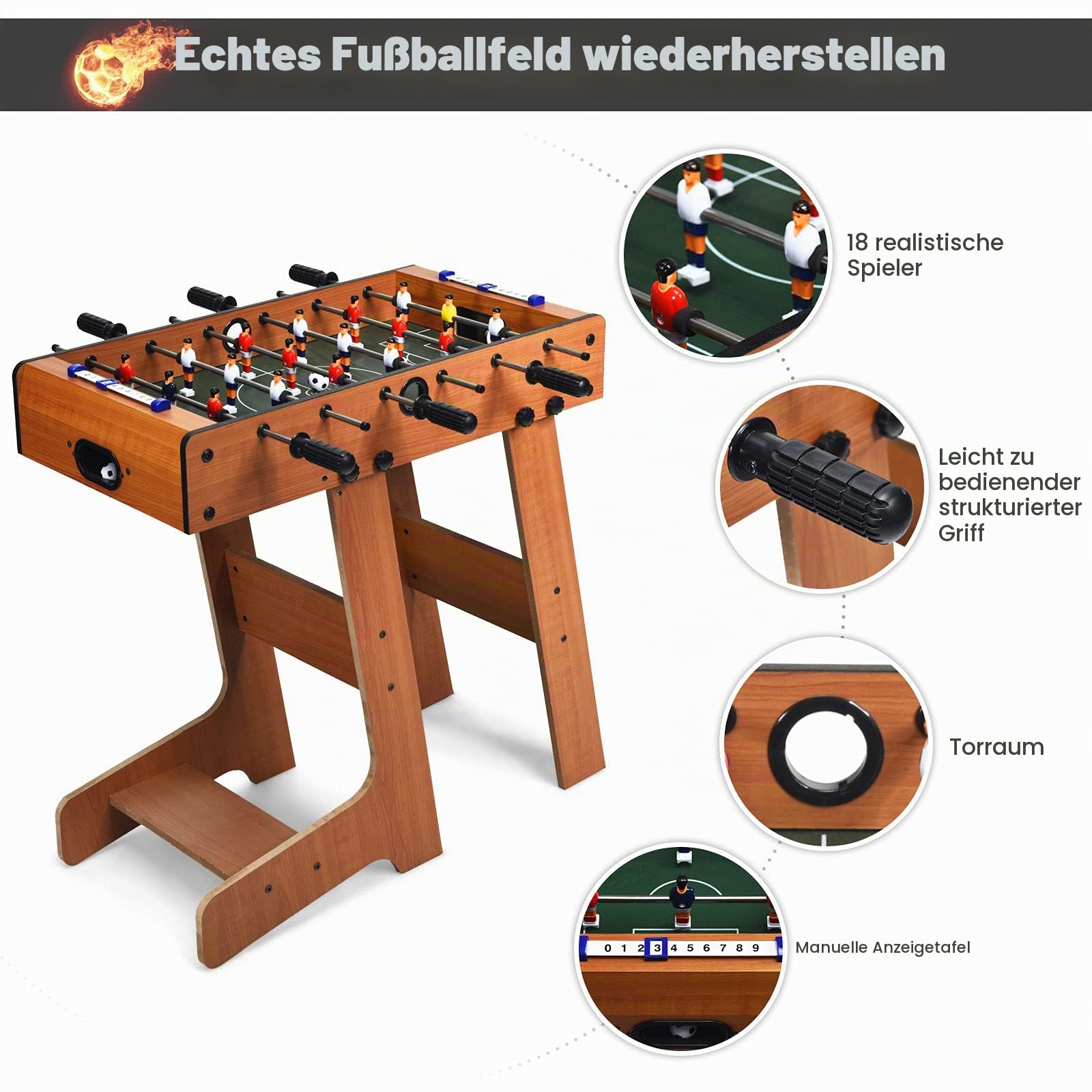 RELAX4LIFE Klappbarer Tischkicker, Tischfußball mit 2 Fußbällen & 18 Fußballspielern & Punktezähler, Kickertisch für Erwachsene & Kinder ab 3 Jahren, Spieltisch für Kneipe Wohnzimmer Café, braun