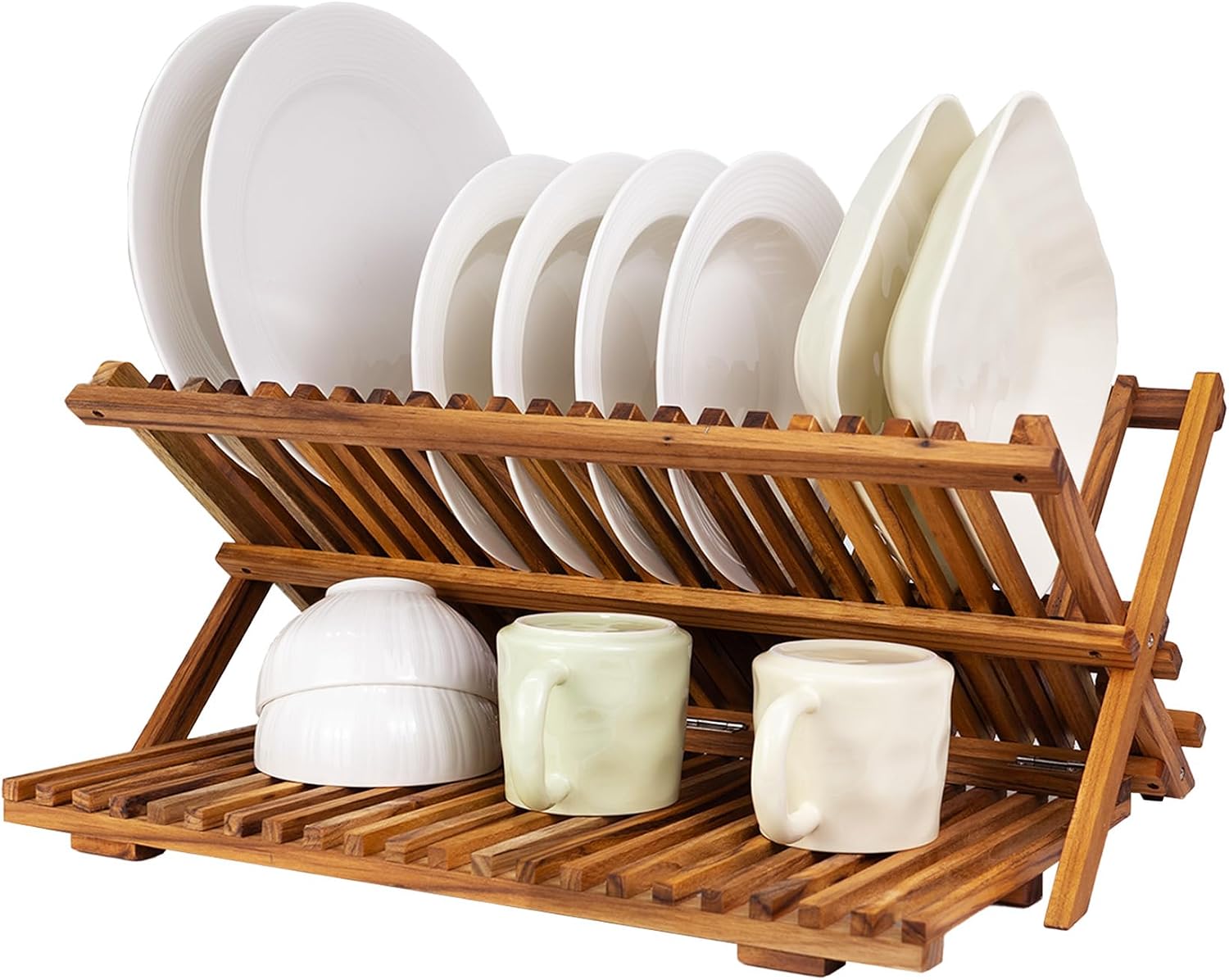 Utoplike Large Teak Dish Drying Rack, Wood Collapsible Organizer for Plates