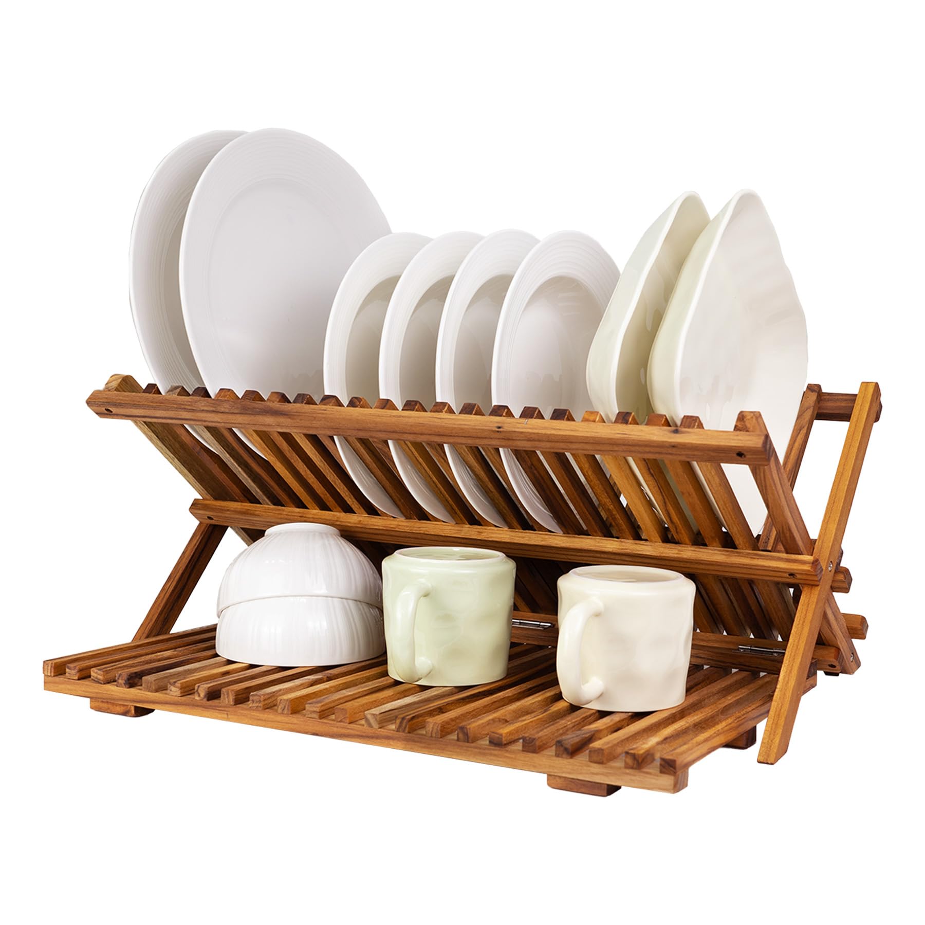 Utoplike Large Teak Dish Drainer Rack, 3 Tier Collapsible Draining Rack, Wooden Drying Board for Cutlery, Dishes and Cups Holder in Kitchen Counter Sink