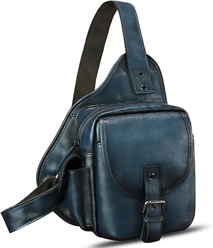 Bolso bandolera de cuero genuino para hombres y mujeres, bolso cruzado, mochila vintage para senderismo, deportes, viajes, Azul, Mochilas Sling