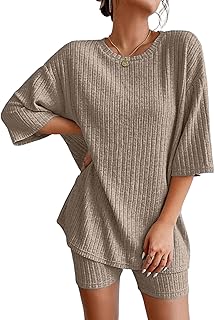 Ekouaer 2 Piece Lounge Set Women Ribbed Knit Oversized Shirts Biker Shorts Airport Outfits Track Suits