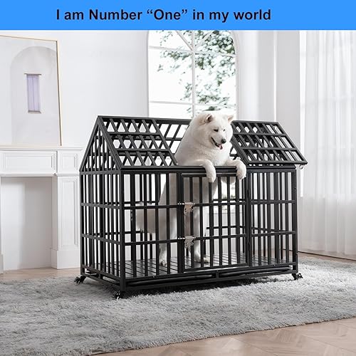 Miniatura 4 de Jaula resistente para perros de 52 pulgadas para pastor alemán y razas grandes, ruedas con bloqueo, perrera de acero a prueba de mordeduras con