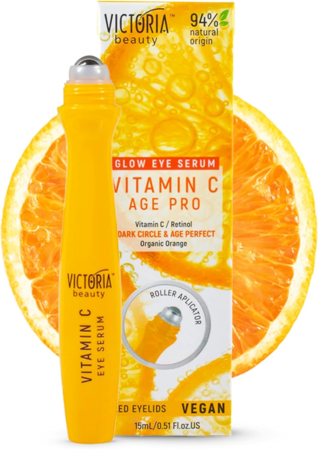 Victoria Beauty Vitamin C Eye Serum Roller – for Dark Circles, Puffy Eyes and Eye Bags – with Retinol and Vitamin E – 94% Natural, 15ml