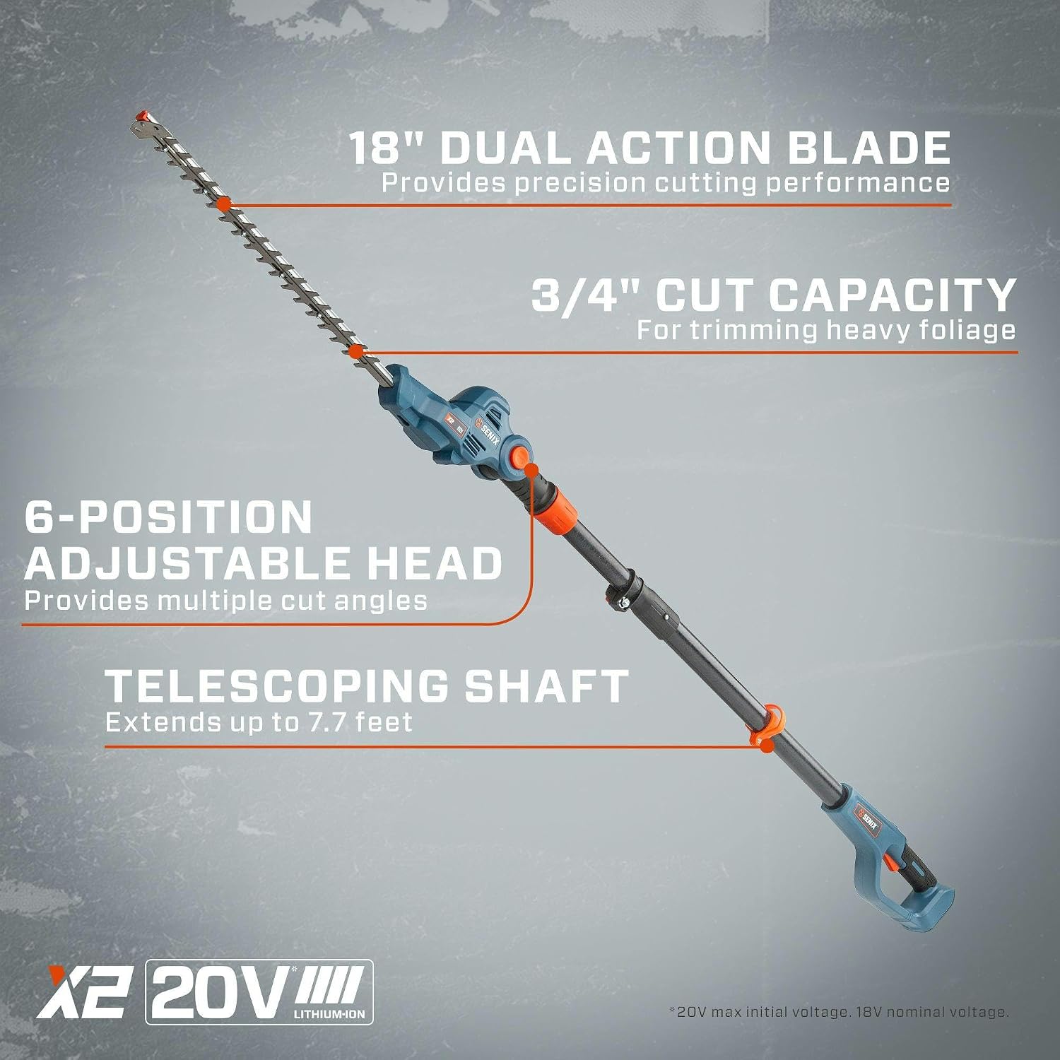 SENIX X2 20 Volt Max 18-Inch Battery Powered Cordless Pole Hedge Trimmer with 6-Point Adjustable Head & 7.7-Ft Telescoping Shaft,Includes Blade Cover & Shoulder Strap,Battery Included(HTPX2-M)