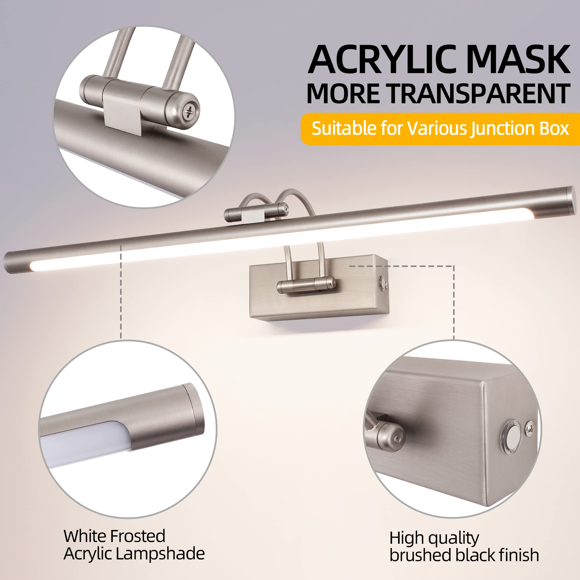 LED Specchio Bagno 60cm 12W 3 Temperatura di Colore Dimmerabile Luce di Immagine LED Dimmerabile Senza Passo con Testa di Lampada Girevole Arco Braccio Specchio Illuminazione Lampada Nichel