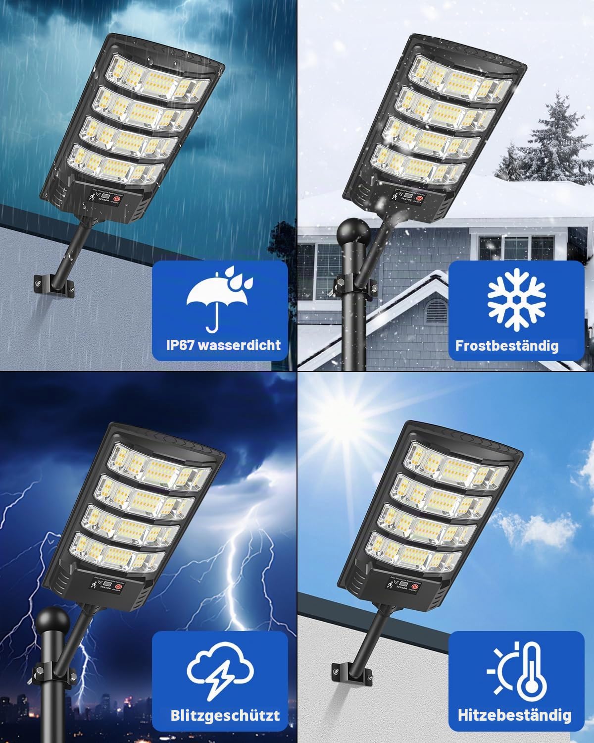 Solar Straßenlaterne für Außen, Solarlampen mit Bewegungssensor, 6000K Weißes & 3000K Warmes LED Solarleuchten mit Fernbedienung, IP65 Wasserdicht Solarlicht für Hof, Weg, Parkplatz (2)