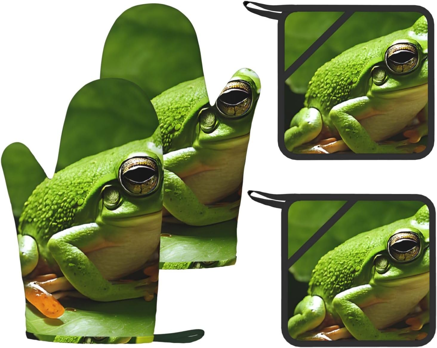 Frog and Rain 4pcs Oven Mitts and Pot Holders Sets for Kitchen, Silicone Oven Gloves Non-Slip Potholders Hot Pads for Baking Cooking