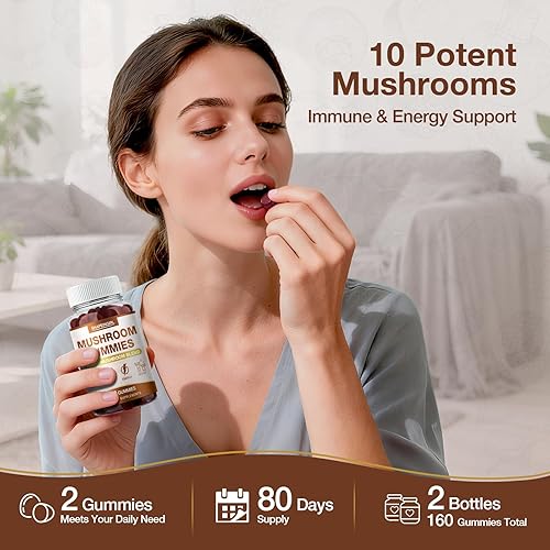 Miniatura 3 de Gomitas de hongos para adultos, mezcla avanzada 10 en 1, apoyo inmunológico y refuerzo cognitivo, complejo de suplementos de hongos con melena de