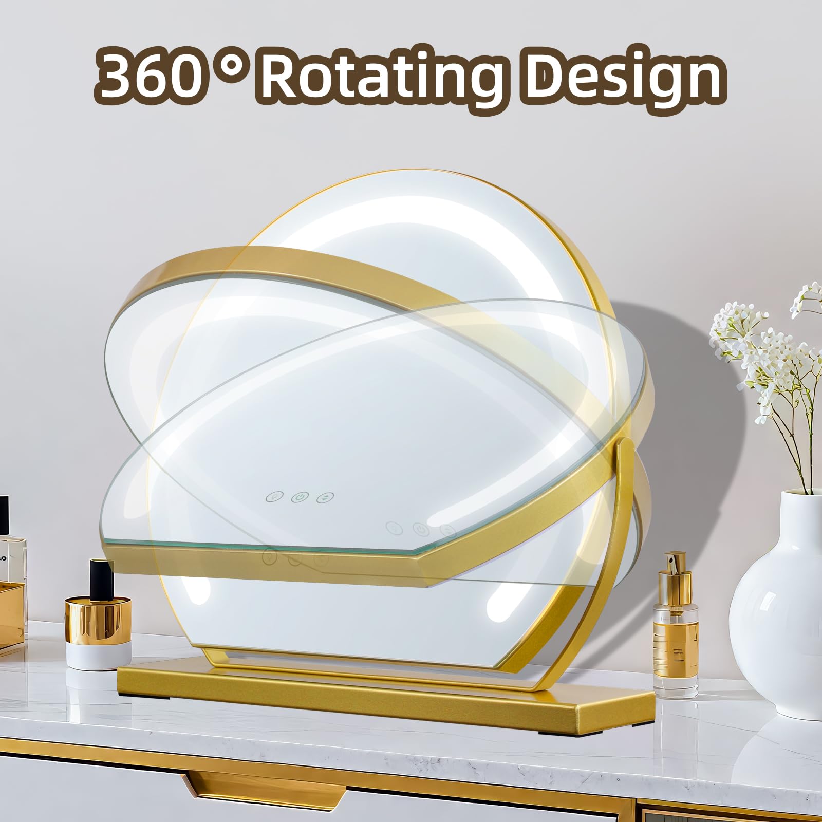 Tischspiegel Kosmetikspiegel mit Beleuchtung Schminkspiegel mit Licht 3 Farbtemperatur Verstellbares 360° Drehung 40x40cm 9W Touch Steuerung Plug-in Makeup Spiegel für Zuhause Gold