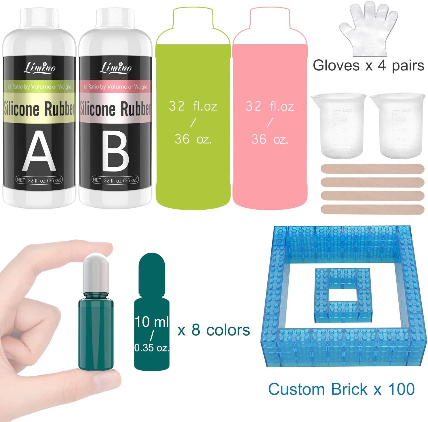 Contents of the Limino Silicone Mold Making Kit including silicone parts A and B, pigments, demolding bricks, measuring cups, gloves, and stir sticks.