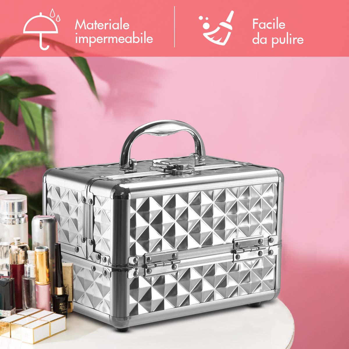 RELAX4LIFE Valigetta Rigida per Trucchi da Viaggio, Mini Valigia Portatile per Cosmetici in ABS e Alluminio, con Specchio, Manico e Chiusura, Design a Tre Strati Pieghevole, 23x15x18cm