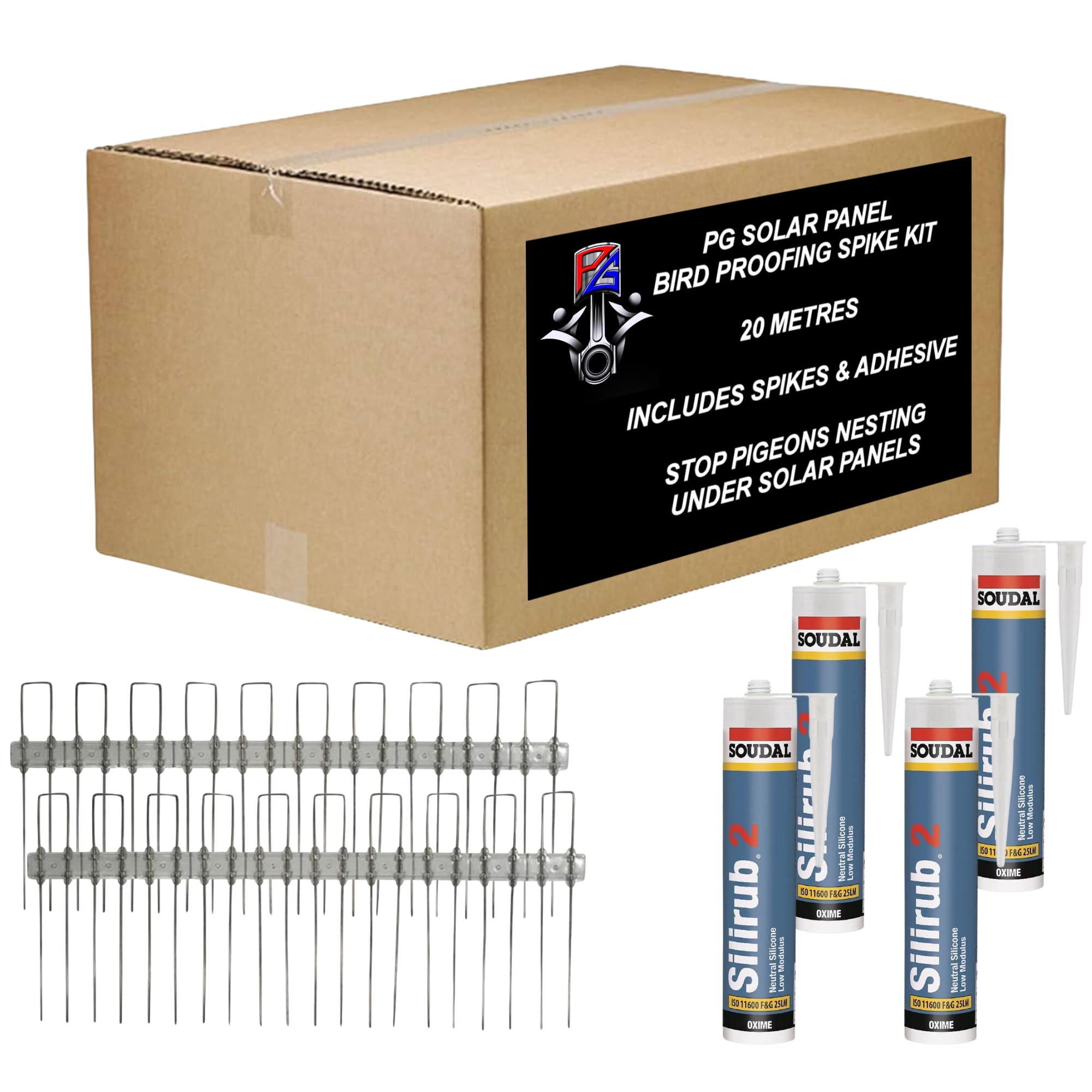 PG 20m Solar Panel Bird Proofing Kit Stainless Steel Clear Bird Spikes 160mm with Silirub 2 Sealant - to Control & Prevent Pigeons Nesting (20 Metres)