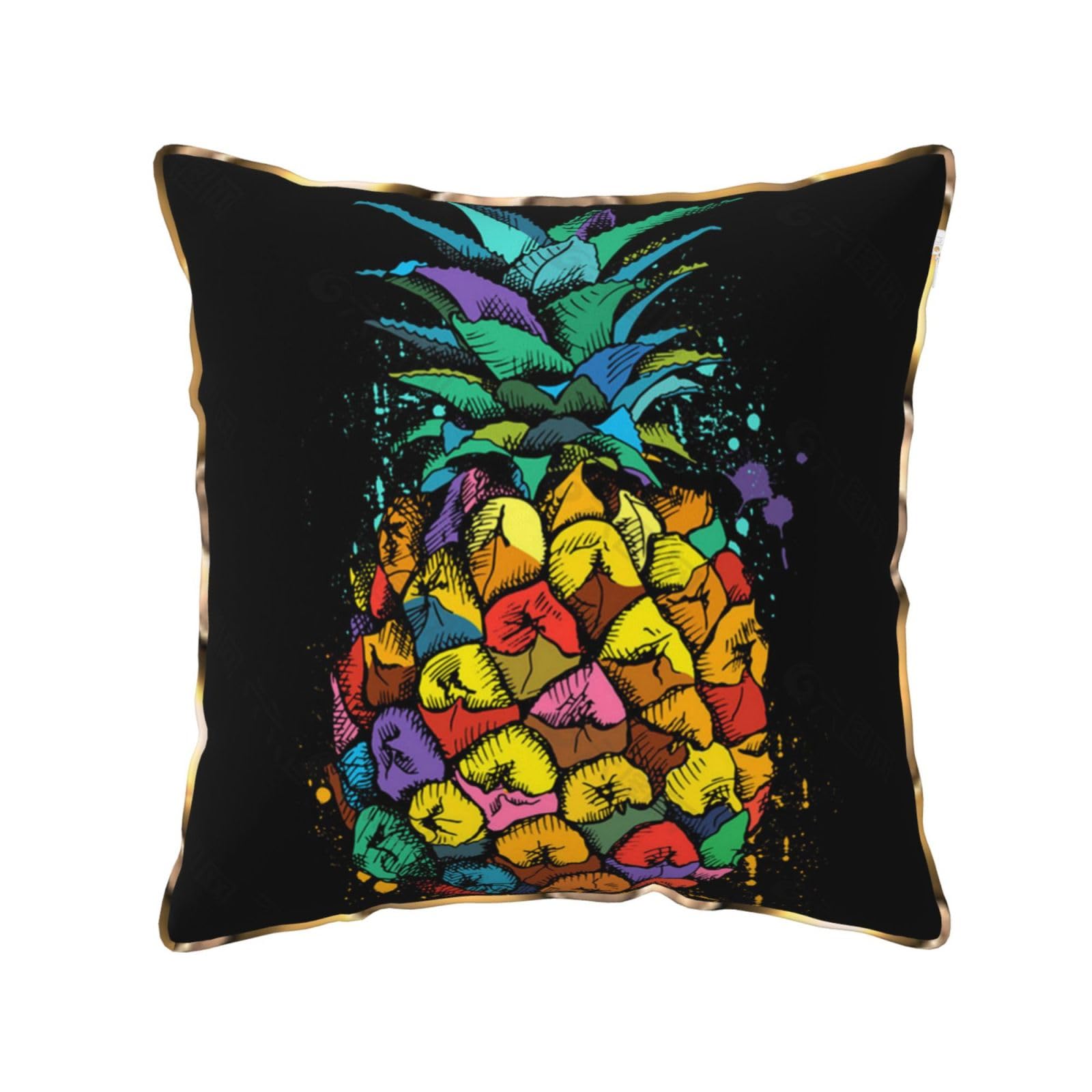 AUBKFELD colorful Pineapple Printed Velvet Cushion Cover 50x50 CM with Gold Edging Strip, Square Pillowcase Soft Throw Pillow Covers Case Decorative for Living Room Sofa Couch Bed Bench