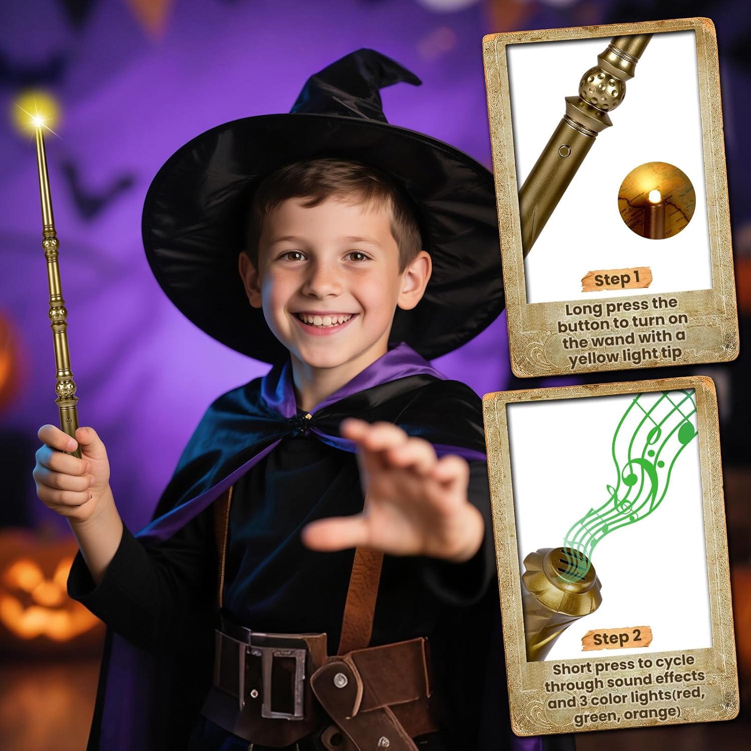 KingVows Light Up Magic Wizard Wand with 4 Color Lights & Sound - Set of 8 Illuminating Witch Sorcerer Toys for Kids Cosplay Party, Golden