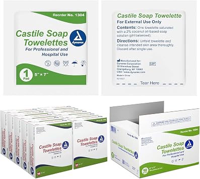 Dynarex Castile Soap Towelettes - Professional-Grade Wet Wipes Individually Wrapped for Hospital, School, Home - No Alcohol Gentle Formula with Coconut Oil-Based Soap - 10 Boxes, 100 Packets per Box