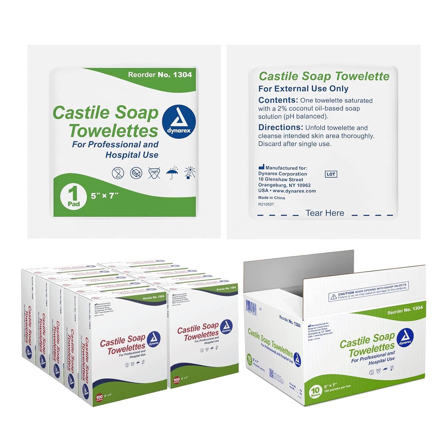 Dynarex Castile Soap Towelettes - Professional-Grade Wet Wipes Individually Wrapped for Hospital, School, Home - No Alcohol Gentle Formula with Coconut Oil-Based Soap - 10 Boxes, 100 Packets per Box