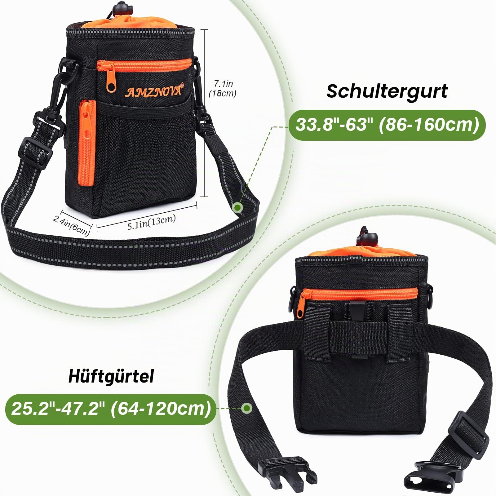 AMZNOVA Futterbeutel Hund Treatkit Leckerlitasche für Hunde, Leckerli Tasche für Hundetraining, Gassitasche Leckerlibeutel Leckerli Beutel Snackbeutel Zum Umhängen, 6 Tassen, Schwarz