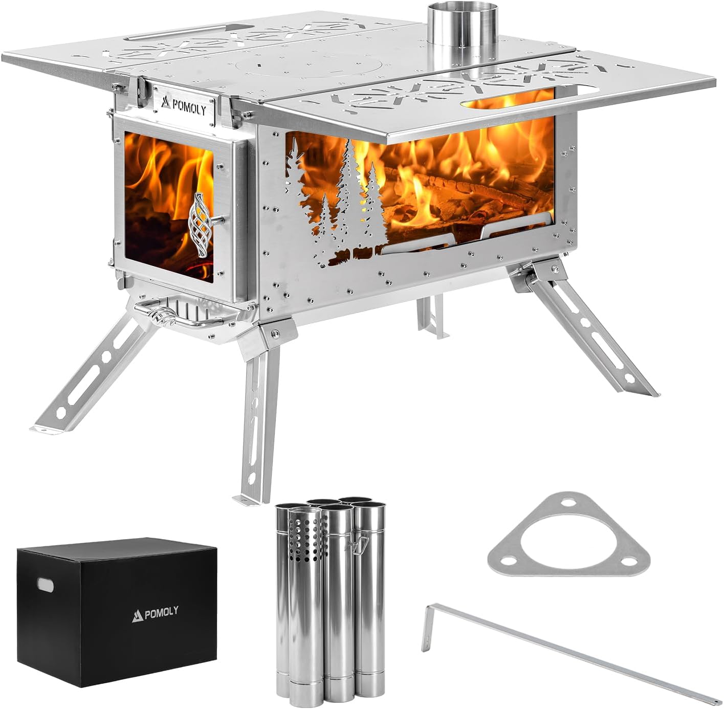 POMOLY Camping Tent Stove Wood Stove, Oroqen Max 3 Stainless Steel Wood Burning Stove for Outdoor Hiking, Hunting (Stove Pipe 7.05ft / 2.15m)