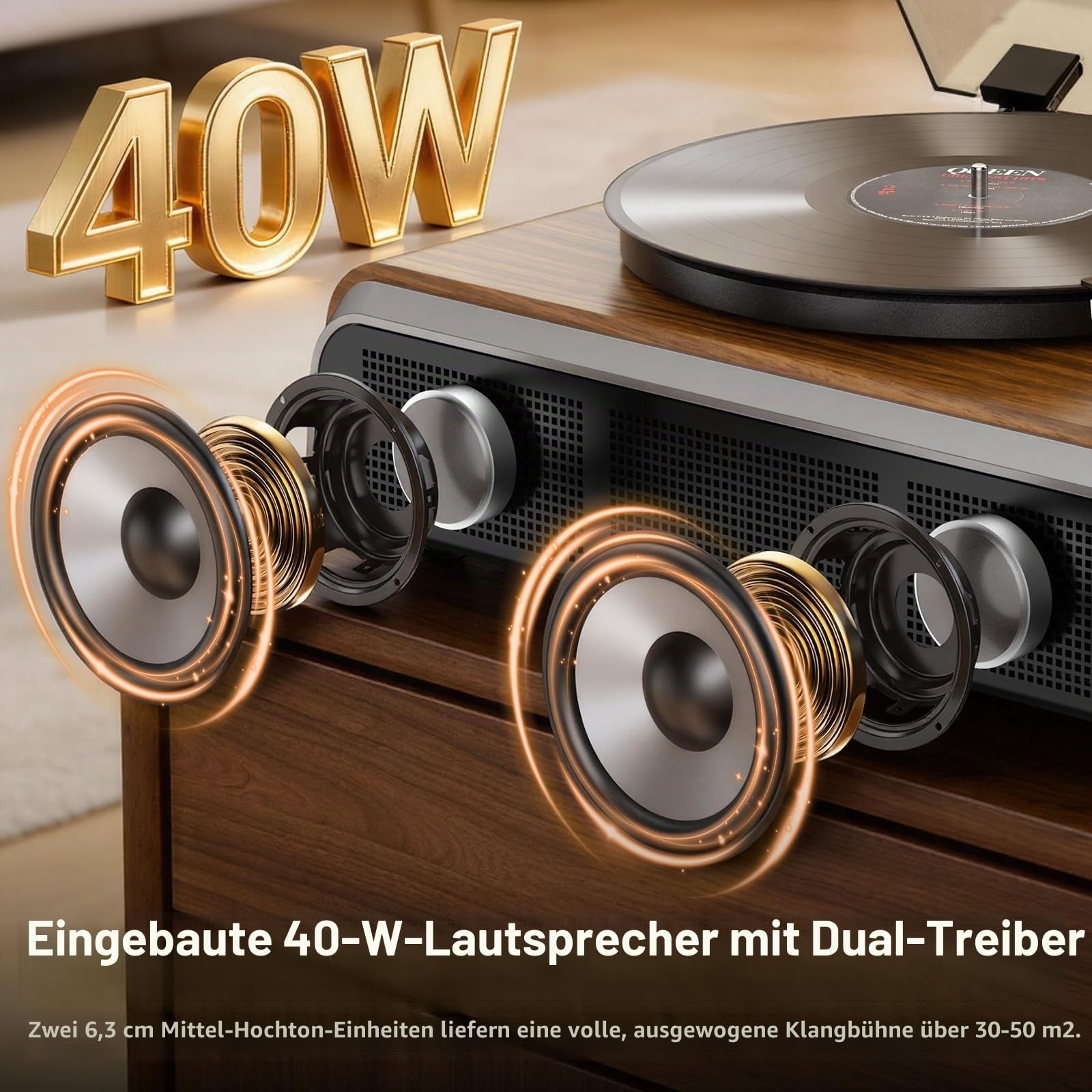Plattenspieler High-Fidelity-Plattenspieler mit 2.1-K-Soundsystem, eingebauter Subwoofer für verbesserten Bass, Vinyl-Schallplattenspieler mit Magnetkartusche BT5.3-Wiedergabe