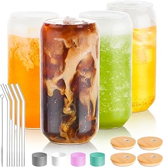 BEWAVEDrinking Glass Set of 4, 16oz Can Shaped Glasses Cups, Iced Coffee Glasses, Beer Tumbler, for Whiskey, Soda, Tea, Juice, Gift, with Lid, Straw and Sleeve