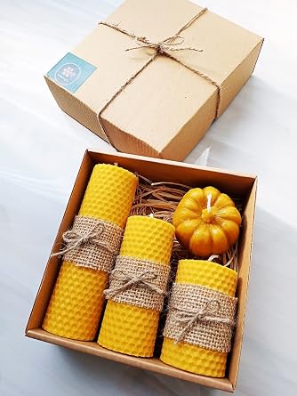Peteko lu Wax Candle Decorative Gift Box Set of 4 Natural Honeycomb Beeswax Candle Pumpkin Jute fabric [Energy Class A]