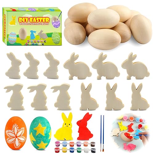 Worgree Easter Egg Painting Kit, 24pcs Wooden Eggs and Bunny