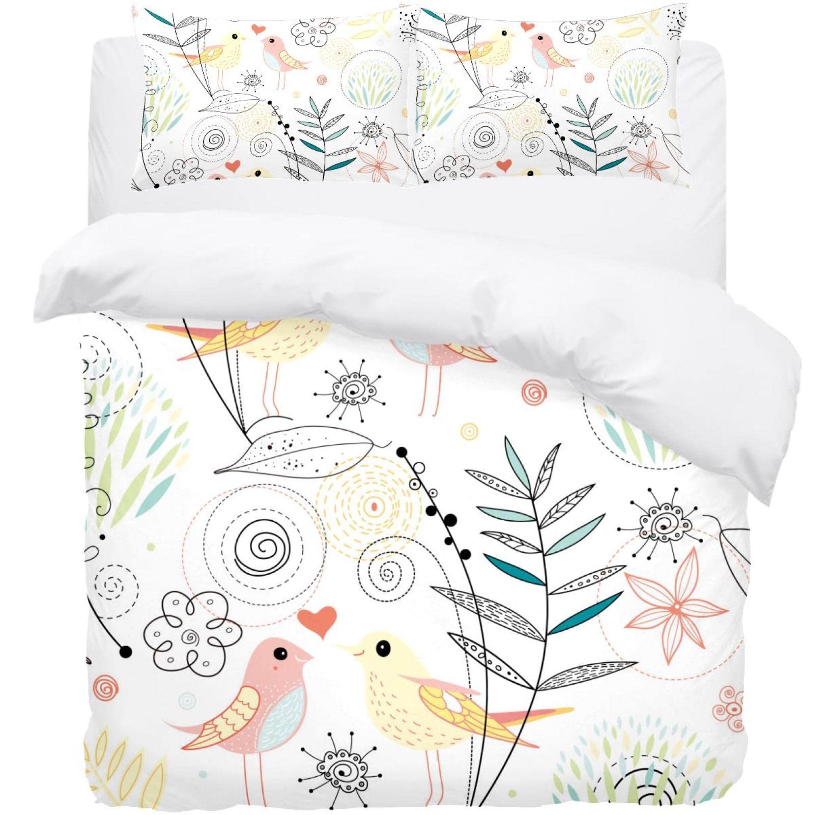 Housse de couette et 2 taies d'oreiller parure de lit floral oiseaux
