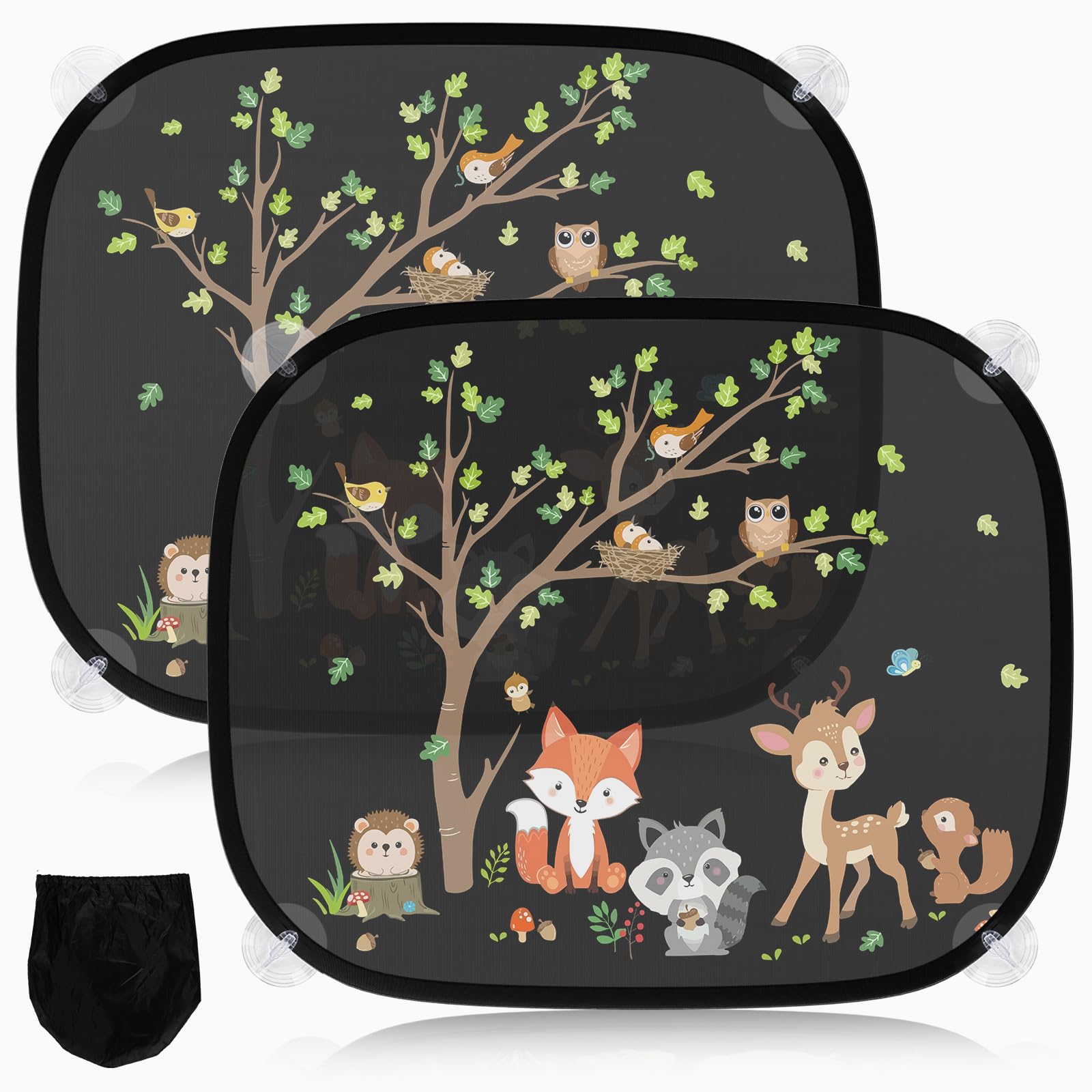 2 Stück Sonnenschutz Auto Baby mit UV Schutz, Sonnenblende Auto Kinder 45x36.5 cm mit 8 Saugnäpfen und Süßen Tier (Waldtiere)