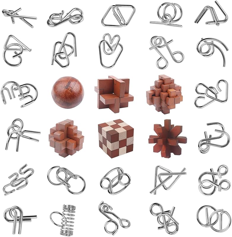 RLYLF 30pcs Brain Teaser Puzzles Game for Adults Teens and Kids | Ancient Wooden and Metal Puzzles 3D Educational Toys IQ Logic Train Family Games Party Favor Coffee Unlock Interlock Puzzles